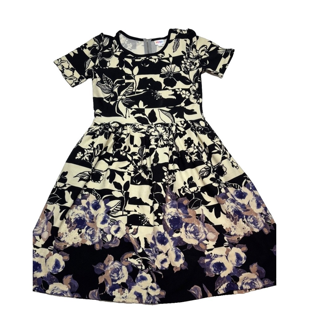 LuLaRoe Womens Dress Size XL Amelia Ivory Black Purple Roses Floral Dipped - Picture 2 of 6